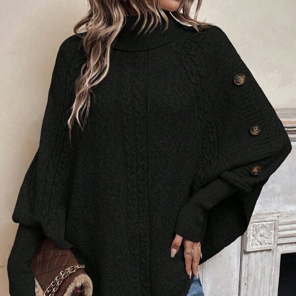 Black Casual Women's Turtleneck Batwing Sleeve Button Detail Poncho Sweater top - Picture 1 of 7